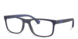 Shop Emporio Armani Eagle Logo Wide Rectangle Eyeglasses in Matte Blue online.