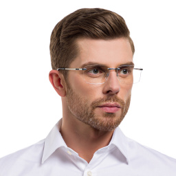 Shop EYE'M Rimless Wide Rectangle Eyeglasses in Silver online.