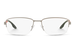 Shop Prada Linea Rossa Half-Rim Wide Rectangle Eyeglasses in Matte Gunmetal online.