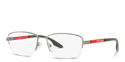 Shop Prada Linea Rossa Half-Rim Wide Rectangle Eyeglasses in Matte Gunmetal online.