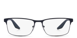 Shop Prada Linea Rossa Logo Signature Wide Rectangle Eyeglasses in Blue online.