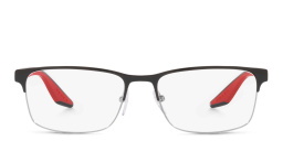 Shop Prada Linea Rossa Logo Signature Wide Rectangle Eyeglasses in Black & Silver online.