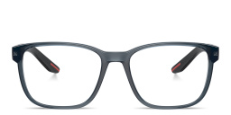 Shop Prada Linea Rossa Wide Pillow Eyeglasses in Polished Transparent Blue online.