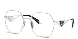Shop PRADA Triangle Logo Oversized Wide Irregular Eyeglasses in Silver online.