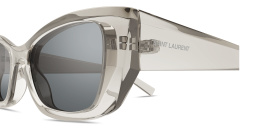 Shop SAINT LAURENT Logo Print Cat-Eye Sunglasses in Transparent Grey online.