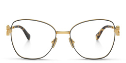 Shop MIU MIU Vertical Logo Wide Cat-Eye Eyeglasses in Gold Black online.