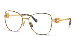 Shop MIU MIU Vertical Logo Wide Cat-Eye Eyeglasses in Gold Black online.