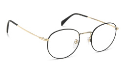 Shop DAVID BECKHAM Timeless Icons Panthos Eyeglasses in Black Gold online.