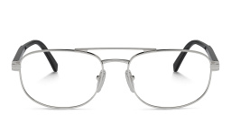 Shop PRADA Logo Wide Oval Eyeglasses in Silver online.