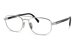 Shop PRADA Logo Wide Oval Eyeglasses in Silver online.
