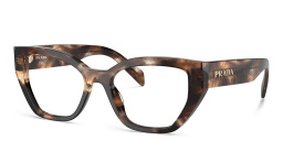 Shop PRADA Logo Irregular Eyeglasses in Caramel Tortoise online.