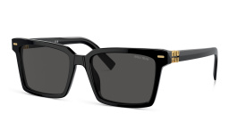 Shop MIU MIU Vertical Logo Rectangle Sunglasses in Black online.