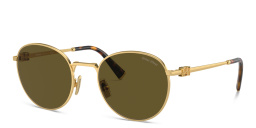 Shop MIU MIU Vertical Logo Round Sunglasses in Gold online.