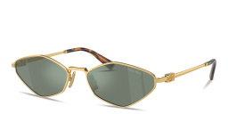 Shop MIU MIU Vertical Logo Irregular Sunglasses in Gold online.