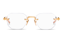 Shop AKONI Juno-One Unisex Rimless Irregular Eyeglasses in Polished Gold online.