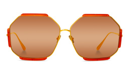 Shop LINDA FARROW Margot Oversized Wide Irregular Sunglasses in Yellow online.