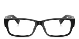 Shop PRADA Logo Lettering Wide Rectangle Eyeglasses in Shiny Black online.
