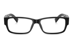 Shop PRADA Logo Lettering Wide Rectangle Eyeglasses in Black online.