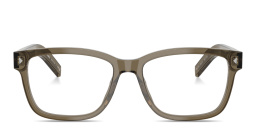 Shop PRADA Engraved Logo Wide Rectangle Eyeglasses in Transparent Brown online.