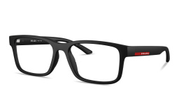 Shop Prada Linea Rossa Logo Lettering Rectangle Eyeglasses in Black Rubber online.