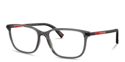 Shop Prada Linea Rossa Logo Signature Wide Pillow Eyeglasses in Transparent Anthracite online.