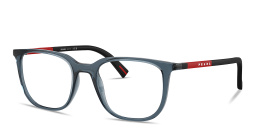 Shop Prada Linea Rossa Logo Signature Pillow Eyeglasses in Transparent Blue online.
