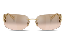 Shop MIU MIU Vertical Logo Rimless Wide Mask Sunglasses in Gold online.