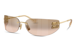 Shop MIU MIU Vertical Logo Rimless Wide Mask Sunglasses in Gold online.
