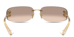 Shop MIU MIU Vertical Logo Rimless Wide Mask Sunglasses in Gold online.