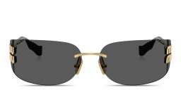 Shop MIU MIU Vertical Logo Rimless Wide Mask Sunglasses in Gold online.
