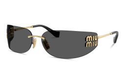 Shop MIU MIU Vertical Logo Rimless Wide Mask Sunglasses in Gold online.