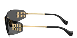 Shop MIU MIU Vertical Logo Rimless Wide Mask Sunglasses in Gold online.