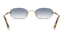 Shop MIU MIU Vertical Logo Rimless Oval Sunglasses in Gold online.