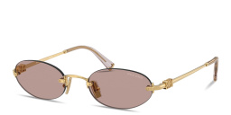 Shop MIU MIU Vertical Logo Rimless Oval Sunglasses in Gold online.