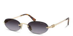 Shop MIU MIU Vertical Logo Rimless Oval Sunglasses in Pale Gold online.