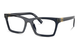 Shop MIU MIU Vertical Logo Wide Rectangle Eyeglasses in Blue Transparent online.