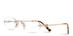 Shop MIU MIU Vertical Logo Rimless Oval Eyeglasses in Pale Gold online.