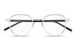 Shop SAINT LAURENT Logo Signature Unisex Panthos Eyeglasses in Silver online.