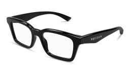 Shop Alexander McQueen Logo Signature Unisex Rectangle Eyeglasses in Black online.