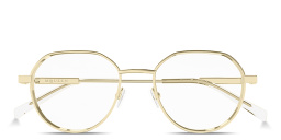 Shop Alexander McQueen Engraved Logo Unisex Panthos Eyeglasses in Gold online.