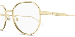 Shop Alexander McQueen Engraved Logo Unisex Panthos Eyeglasses in Gold online.
