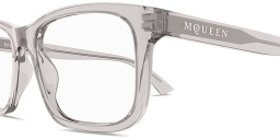 Shop Alexander McQueen Logo Signature Rectangle Eyeglasses in Transparent Grey online.