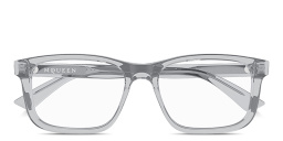 Shop Alexander McQueen Logo Signature Rectangle Eyeglasses in Transparent Light Blue online.