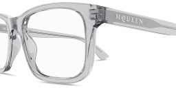 Shop Alexander McQueen Logo Signature Rectangle Eyeglasses in Transparent Light Blue online.