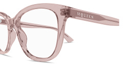 Shop Alexander McQueen Logo Lettering Cat-Eye Eyeglasses in Transparent Red online.