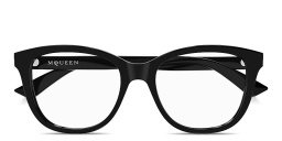 Shop Alexander McQueen Logo Lettering Cat-Eye Eyeglasses in Black online.