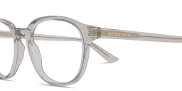 Shop BOTTEGA VENETA Logo Lettering Panthos Eyeglasses in Transparent Grey online.