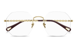 Shop Chloe Scalloped Rimless Irregular Eyeglasses in Polished Gold online.