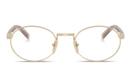 Shop PRADA Logo Lettering Oval Eyeglasses in Polished Gold online.