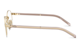 Shop PRADA Logo Lettering Oval Eyeglasses in Polished Gold online.